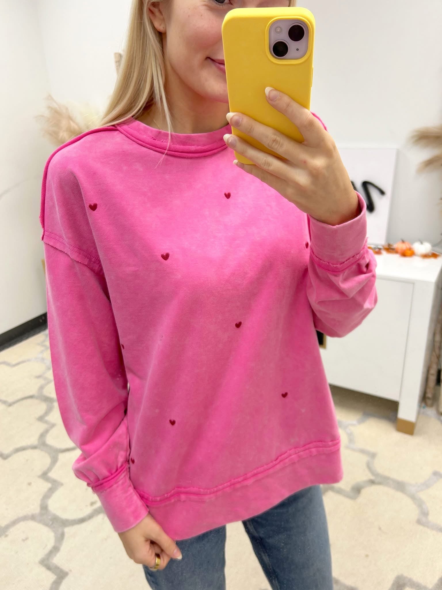 Mineral Wash Embroidered Hearts Pullover