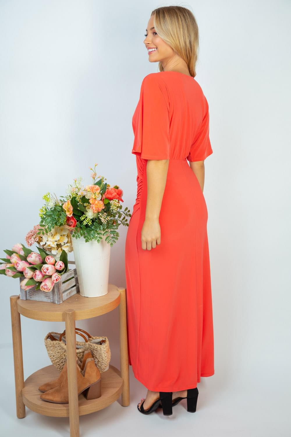 Surplice Slinky Knit Dress in Coral