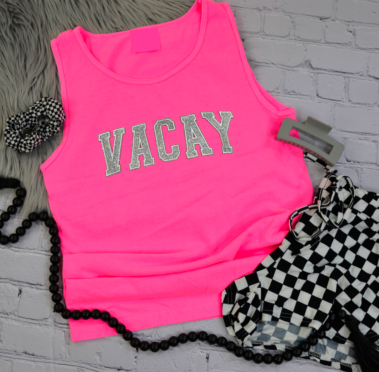 VACAY Glitter Embroidered Patch Neon Pink Tops