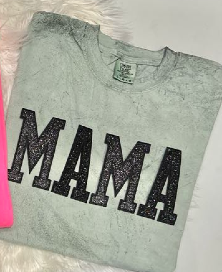 MAMA Glitter Embroidered Patch Tee in Fern