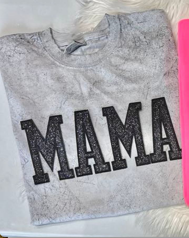 MAMA Glitter Embroidered Patch Tee in Smoke