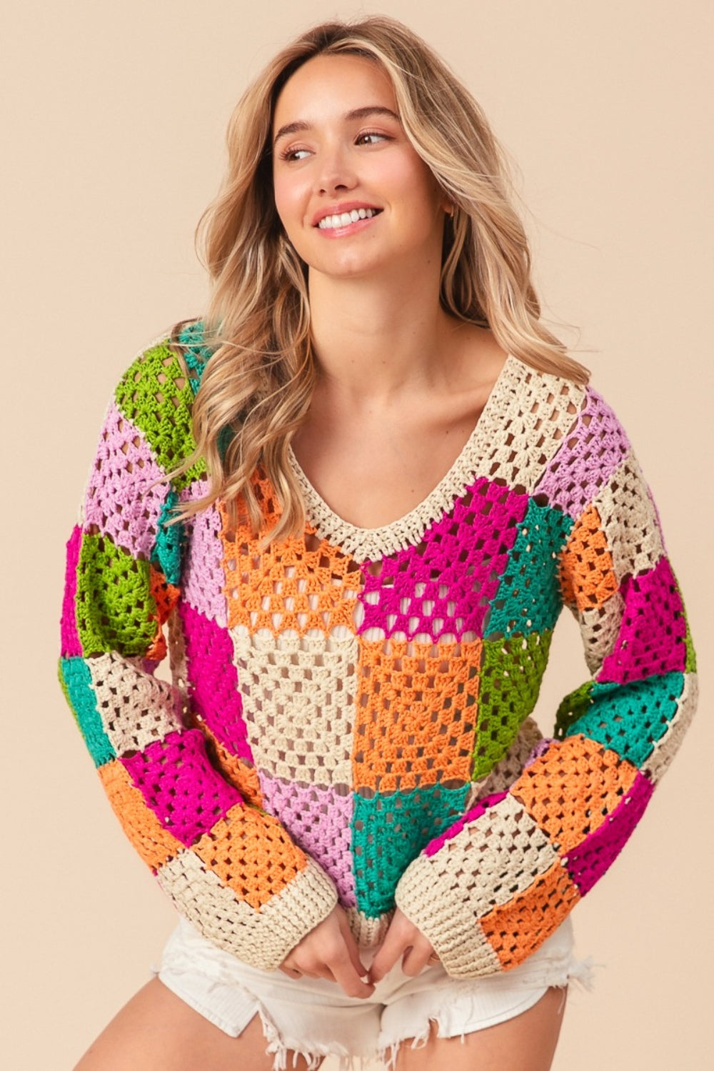 Multi Color Checkered Long Sleeve Knit Top