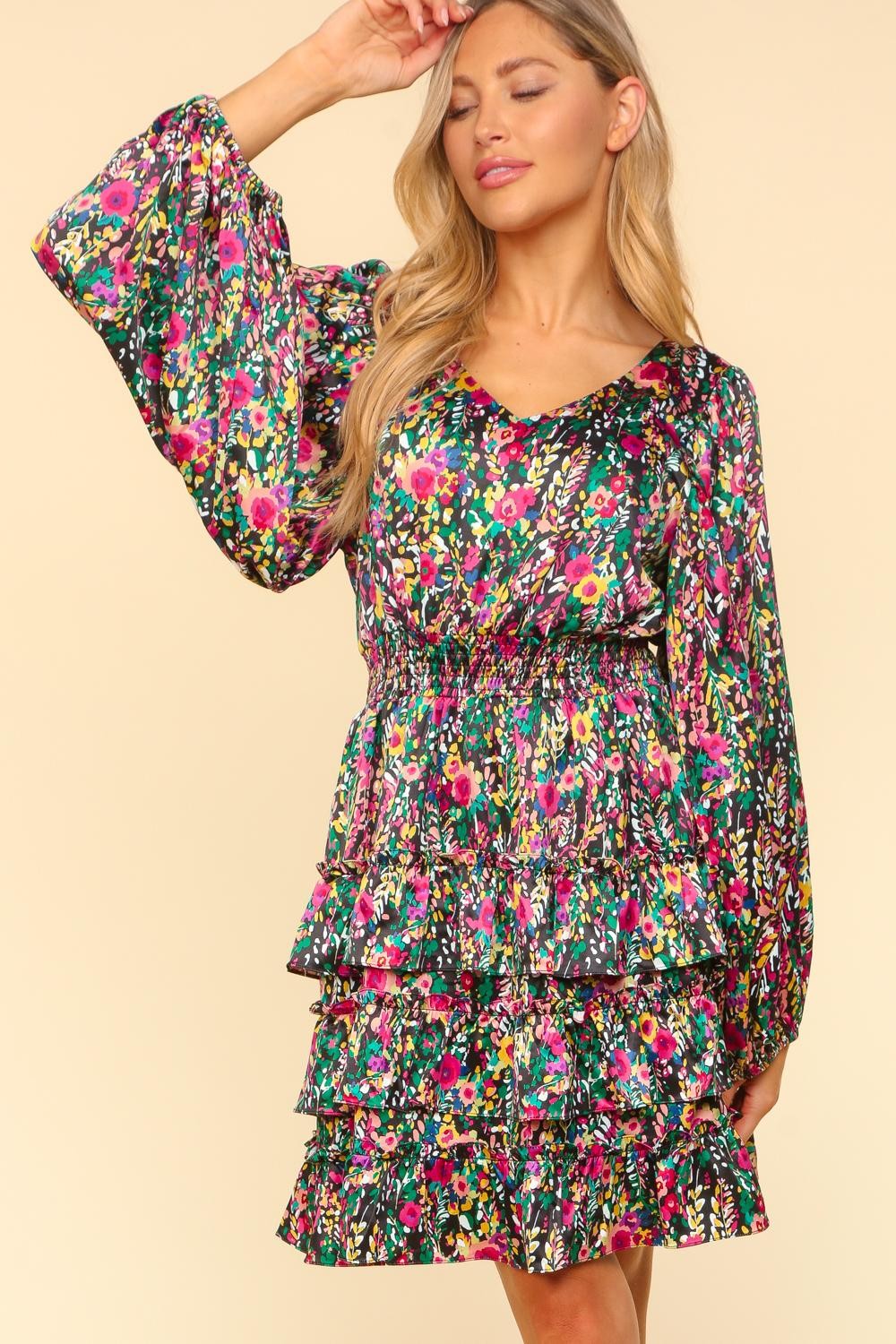 V-Neck Satin Floral Layered Dress