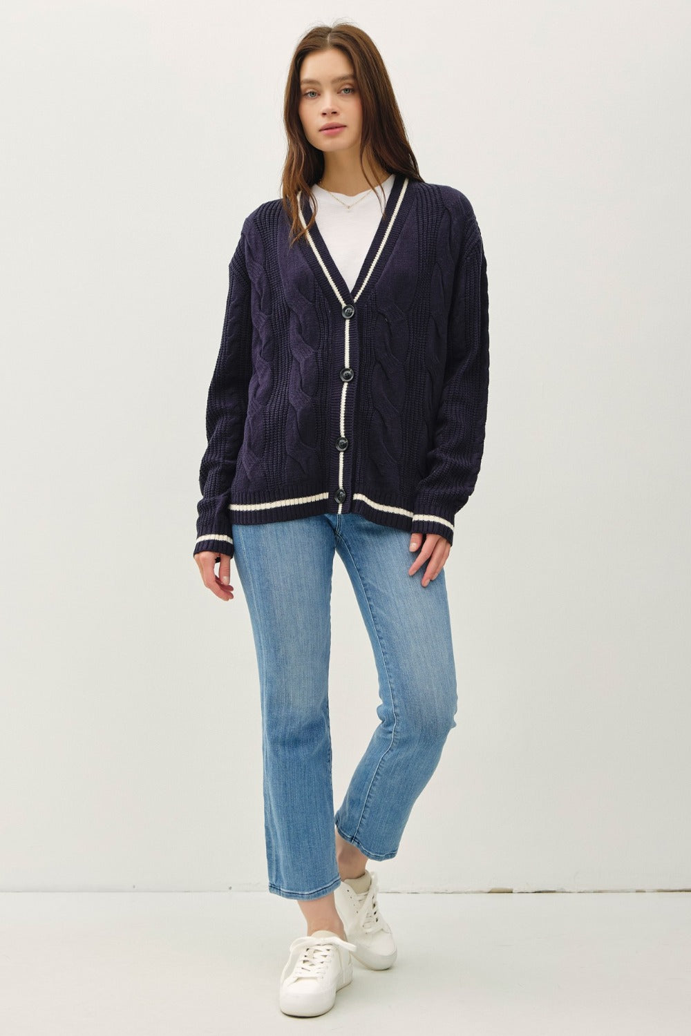 Contrast Trim Cable-Knit V-Neck Cardigan