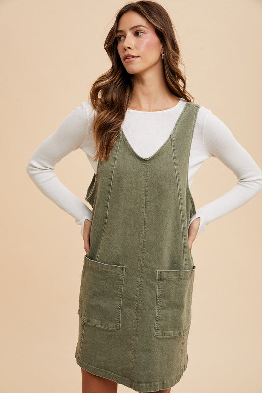 V-Neck Adjustable Strap Denim Overall Dress with Pockets