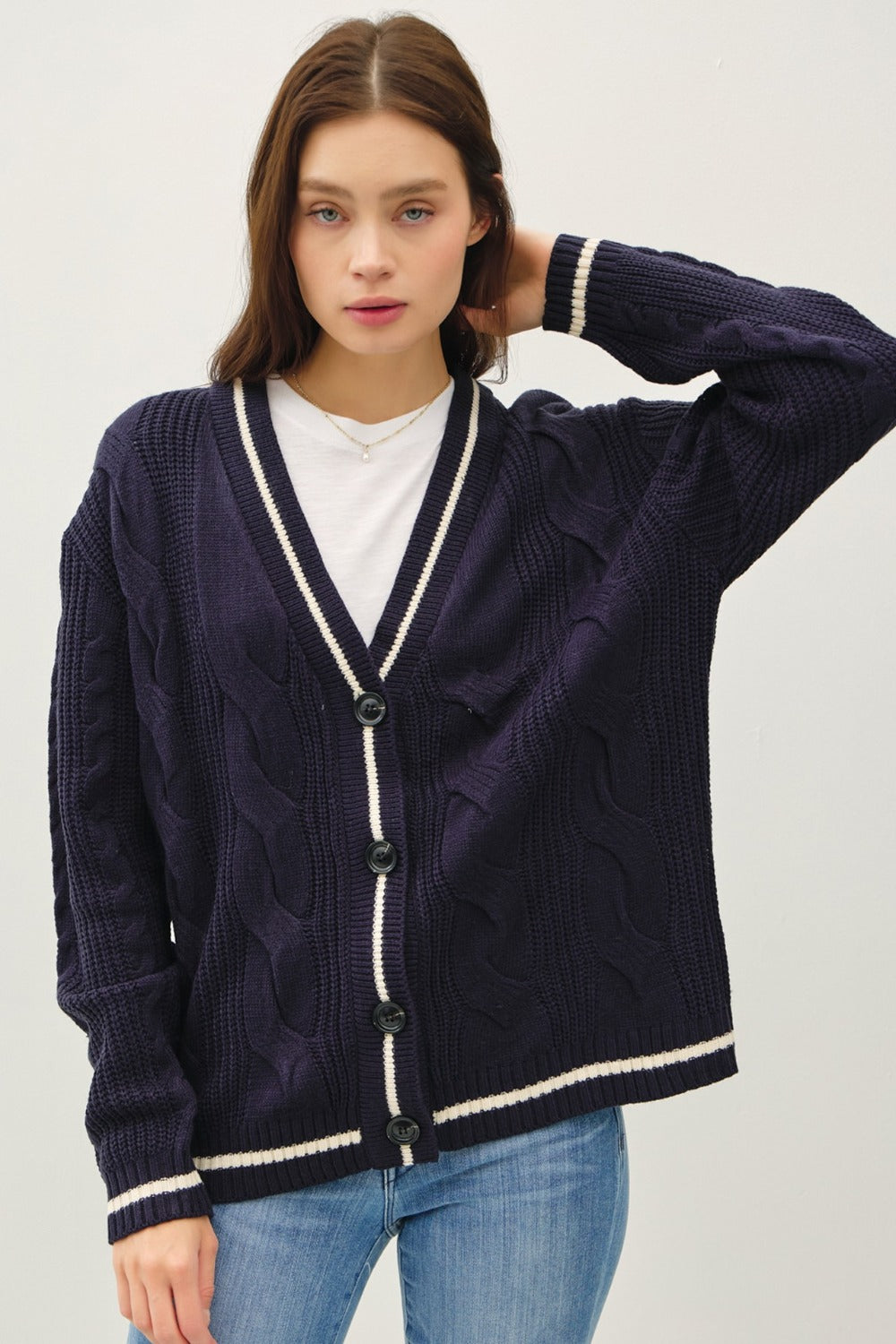 Contrast Trim Cable-Knit V-Neck Cardigan