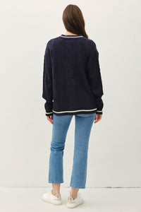 Contrast Trim Cable-Knit V-Neck Cardigan