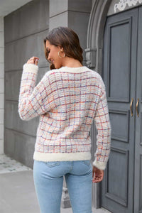 Plaid Round Neck Long Sleeve Pullover Sweater